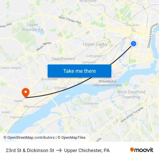 23rd St & Dickinson St to Upper Chichester, PA map