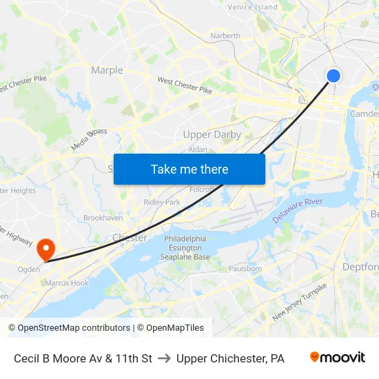 Cecil B Moore Av & 11th St to Upper Chichester, PA map