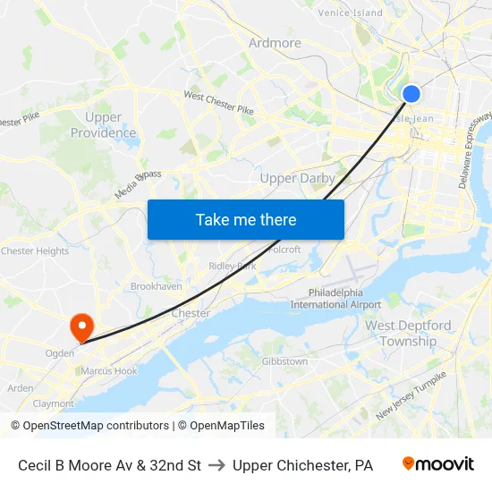 Cecil B Moore Av & 32nd St to Upper Chichester, PA map