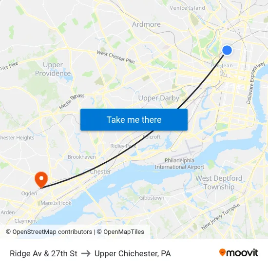Ridge Av & 27th St to Upper Chichester, PA map