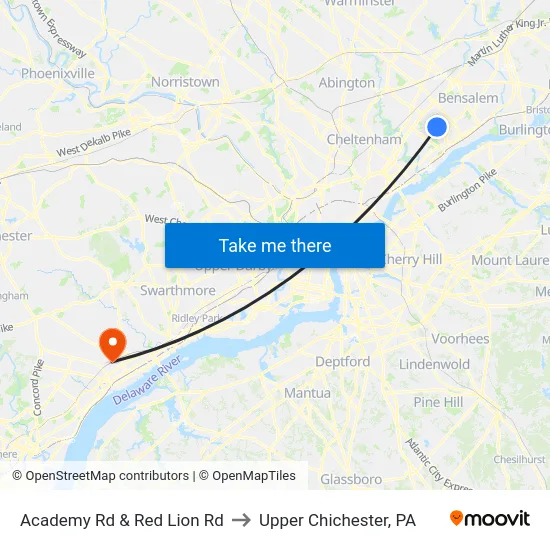 Academy Rd & Red Lion Rd to Upper Chichester, PA map