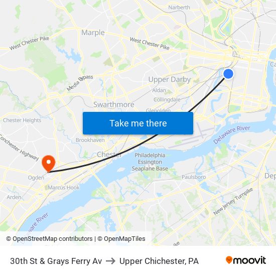 30th St & Grays Ferry Av to Upper Chichester, PA map