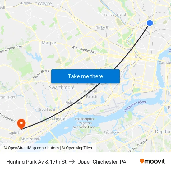 Hunting Park Av & 17th St to Upper Chichester, PA map