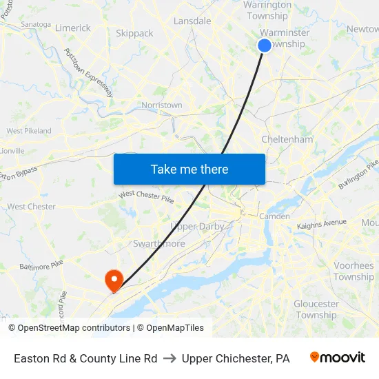 Easton Rd & County Line Rd to Upper Chichester, PA map