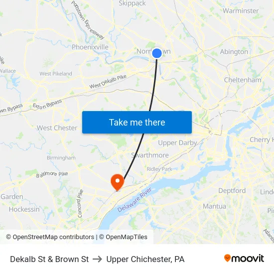 Dekalb St & Brown St to Upper Chichester, PA map