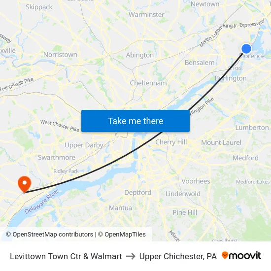 Levittown Town Ctr & Walmart to Upper Chichester, PA map