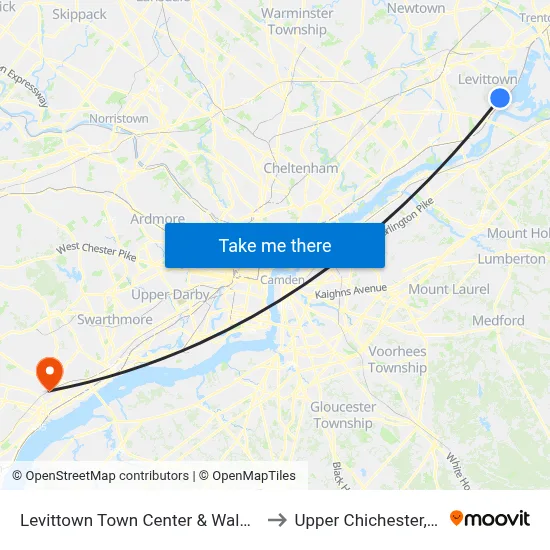 Levittown Town Center & Walmart to Upper Chichester, PA map
