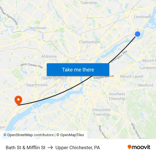 Bath St & Mifflin St to Upper Chichester, PA map