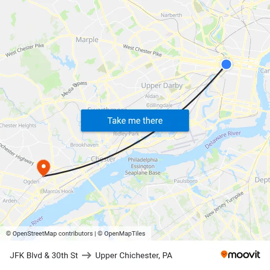 JFK Blvd & 30th St to Upper Chichester, PA map