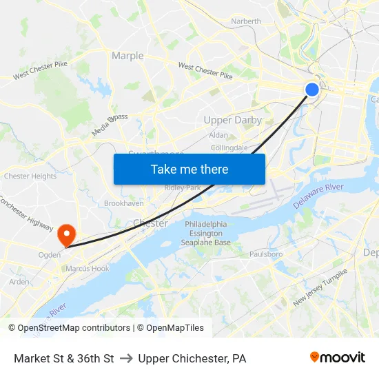 Market St & 36th St to Upper Chichester, PA map