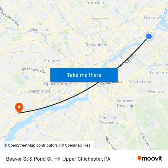 Beaver St & Pond St to Upper Chichester, PA map