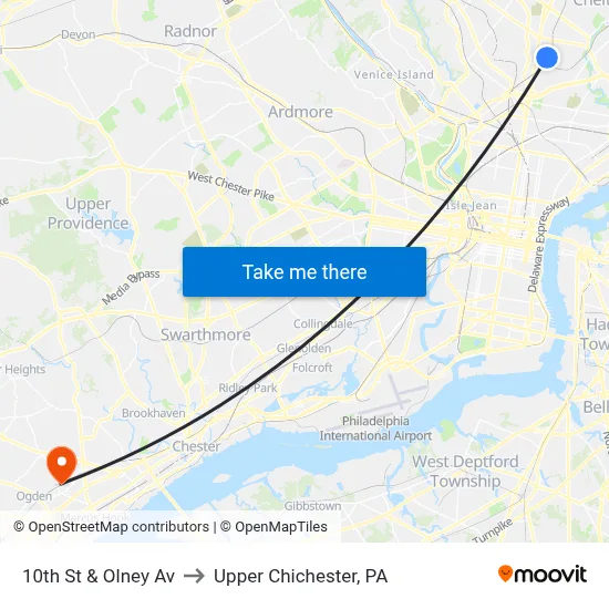 10th St & Olney Av to Upper Chichester, PA map