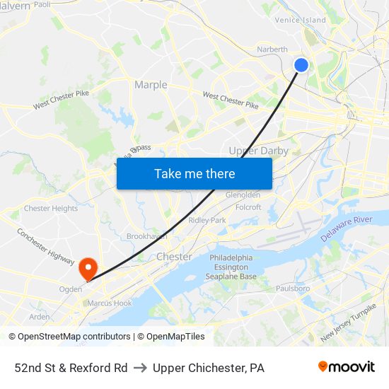 52nd St & Rexford Rd to Upper Chichester, PA map