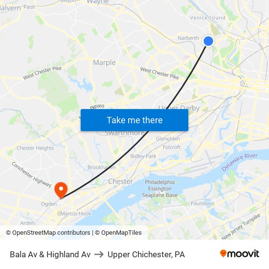 Bala Av & Highland Av to Upper Chichester, PA map