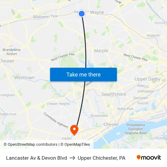 Lancaster Av & Devon Blvd to Upper Chichester, PA map