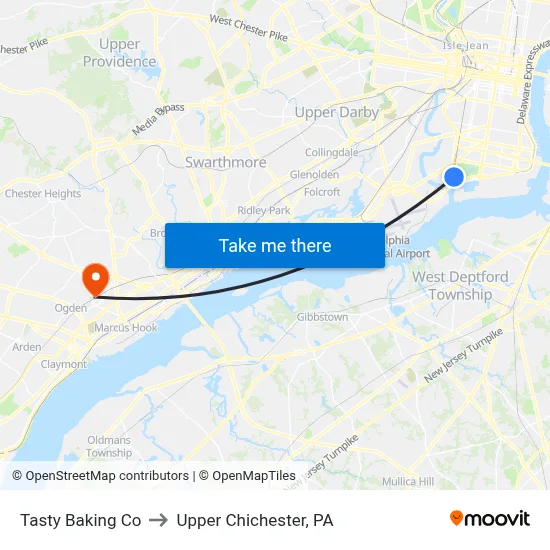 Tasty Baking Co to Upper Chichester, PA map
