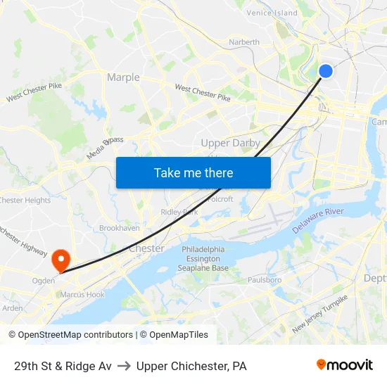 29th St & Ridge Av to Upper Chichester, PA map