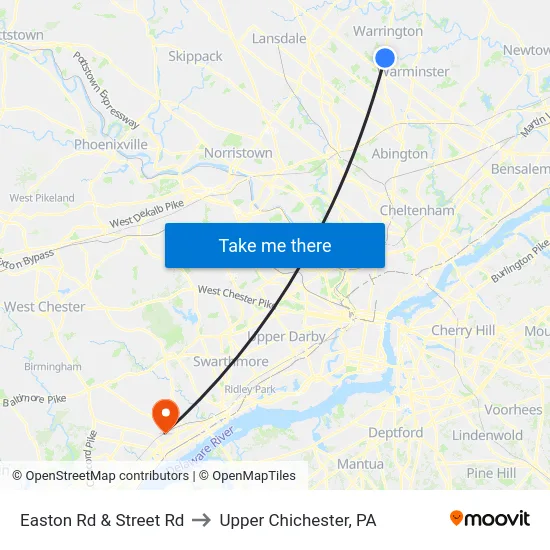 Easton Rd & Street Rd to Upper Chichester, PA map