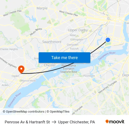 Penrose Av & Hartranft St to Upper Chichester, PA map