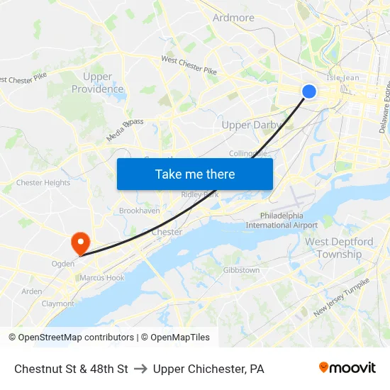 Chestnut St & 48th St to Upper Chichester, PA map