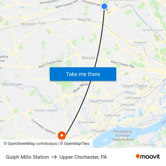 Gulph Mills Station to Upper Chichester, PA map