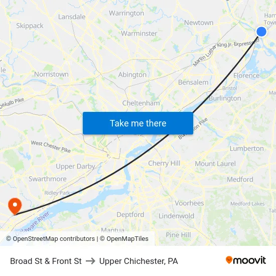 Broad St & Front St to Upper Chichester, PA map