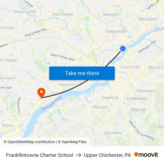 Frankllintowne Charter School to Upper Chichester, PA map