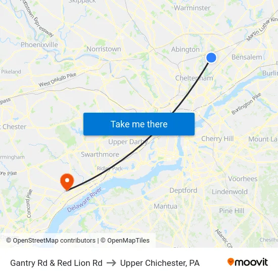 Gantry Rd & Red Lion Rd to Upper Chichester, PA map