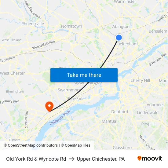 Old York Rd & Wyncote Rd to Upper Chichester, PA map