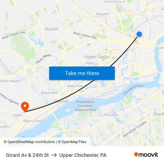 Girard Av & 24th St to Upper Chichester, PA map