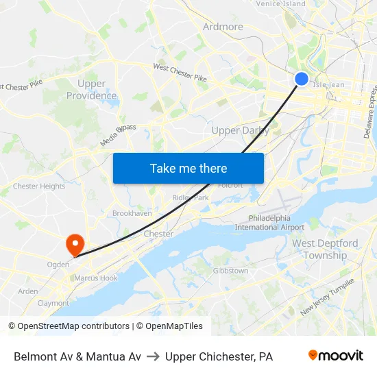 Belmont Av & Mantua Av to Upper Chichester, PA map