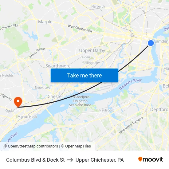 Columbus Blvd & Dock St to Upper Chichester, PA map