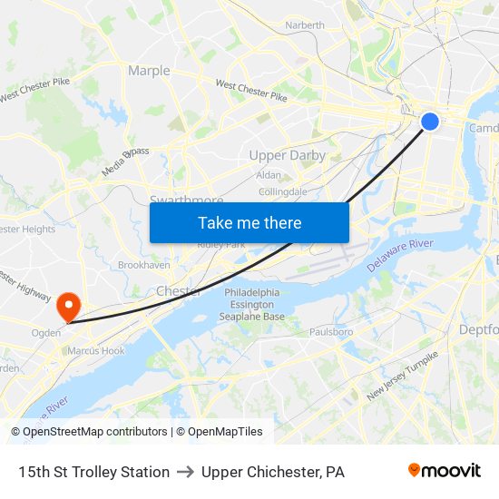 15th St Trolley Station to Upper Chichester, PA map