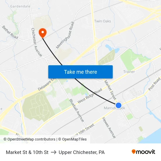 Market St & 10th St to Upper Chichester, PA map