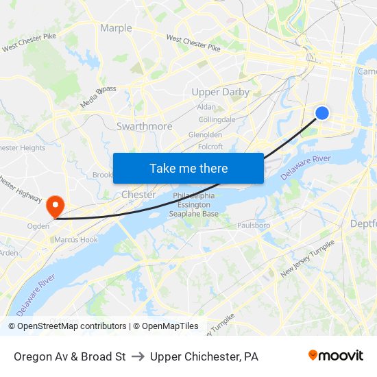 Oregon Av & Broad St to Upper Chichester, PA map