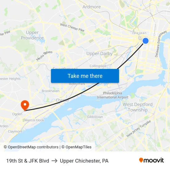 19th St & JFK Blvd to Upper Chichester, PA map