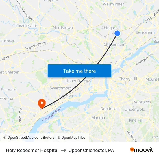 Holy Redeemer Hospital to Upper Chichester, PA map