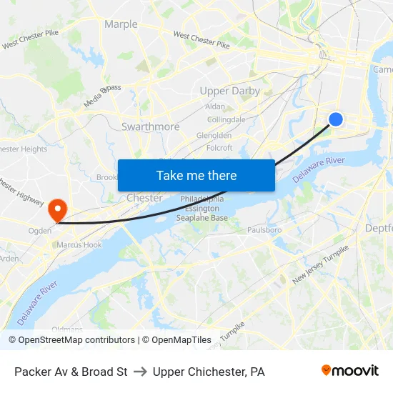 Packer Av & Broad St to Upper Chichester, PA map
