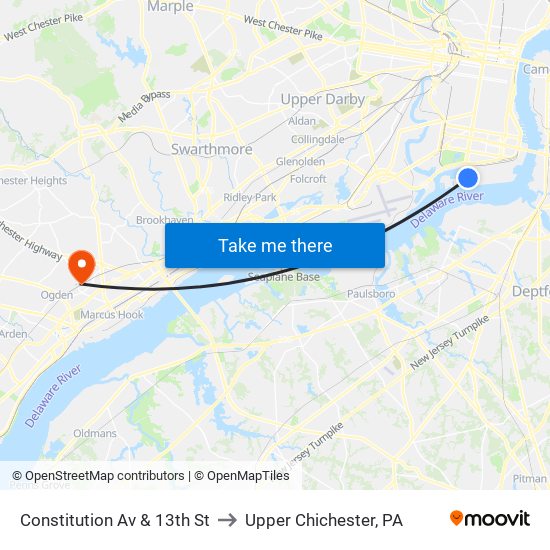 Constitution Av & 13th St to Upper Chichester, PA map