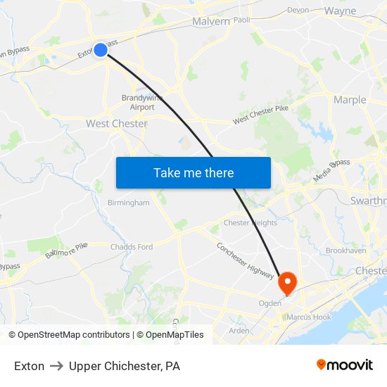 Exton to Upper Chichester, PA map