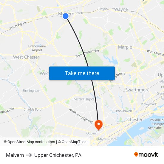 Malvern to Upper Chichester, PA map