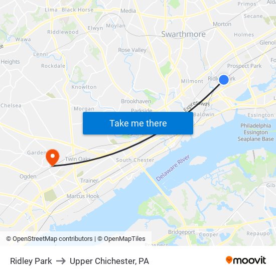 Ridley Park to Upper Chichester, PA map