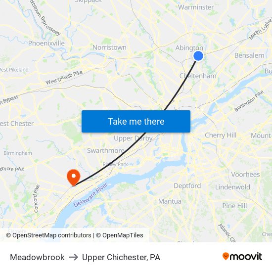 Meadowbrook to Upper Chichester, PA map