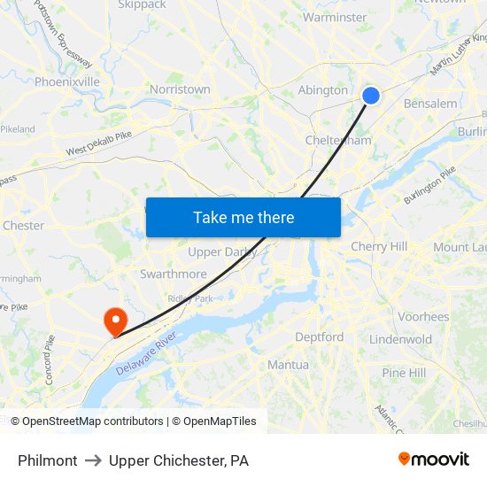 Philmont to Upper Chichester, PA map