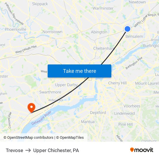 Trevose to Upper Chichester, PA map