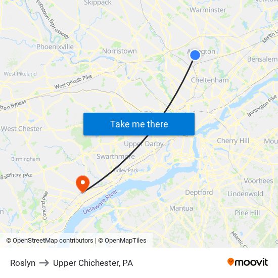 Roslyn to Upper Chichester, PA map