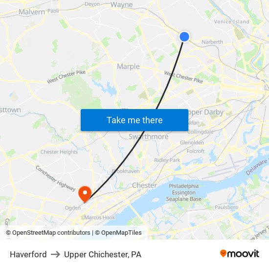 Haverford to Upper Chichester, PA map