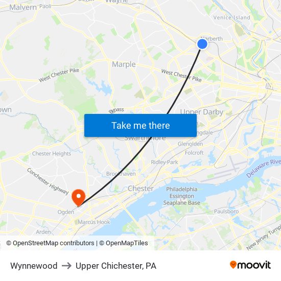 Wynnewood to Upper Chichester, PA map