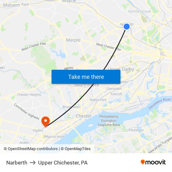 Narberth to Upper Chichester, PA map