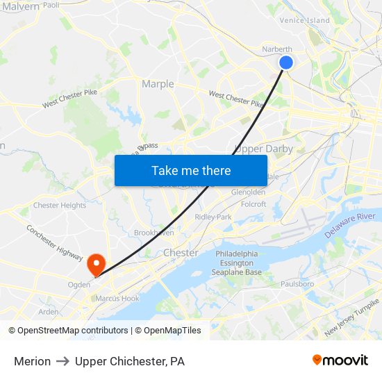 Merion to Upper Chichester, PA map